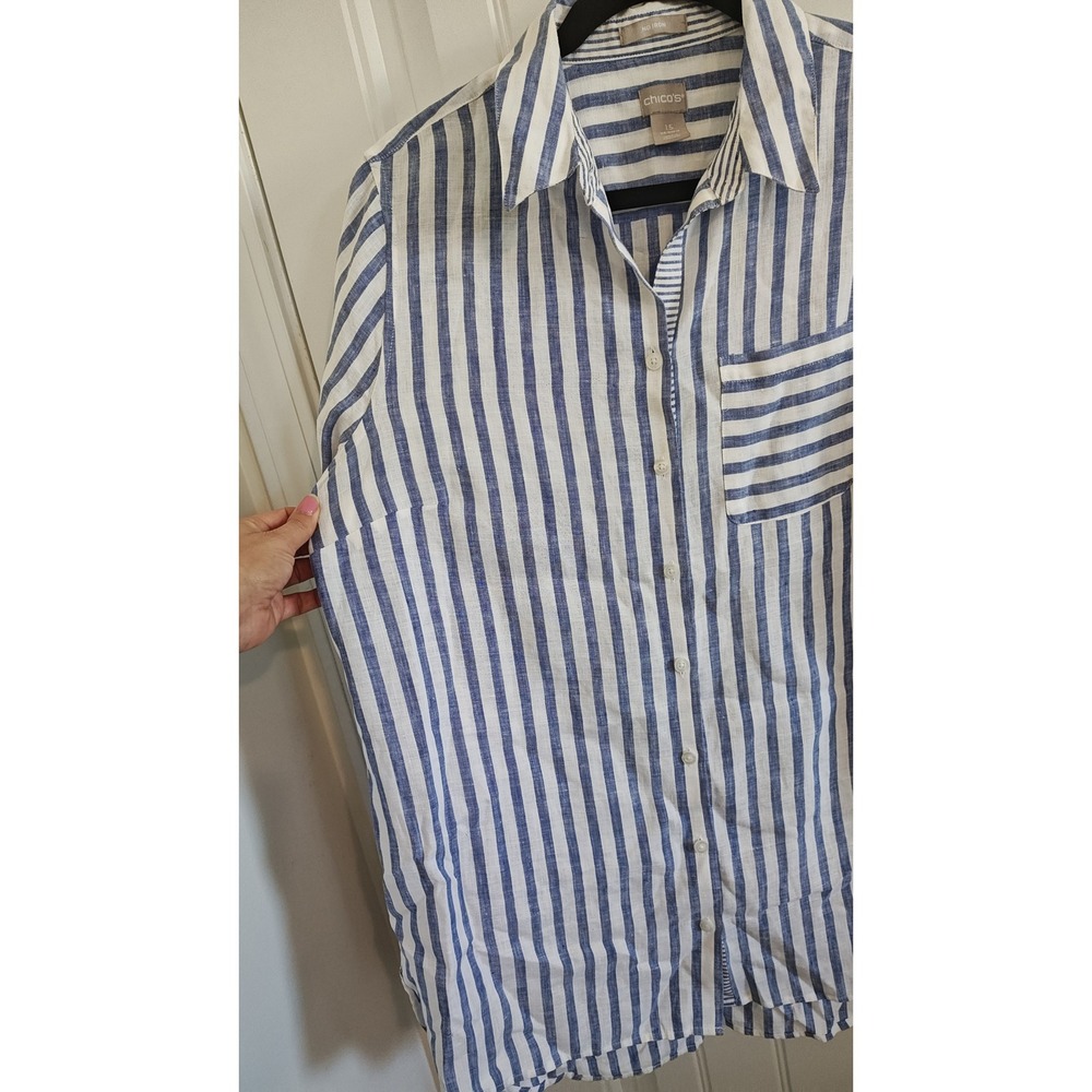 Women Size tag 1.5 US‎ 10 Chico's Blue White Striped Linen Button Down Shirt - Picture 15 of 16